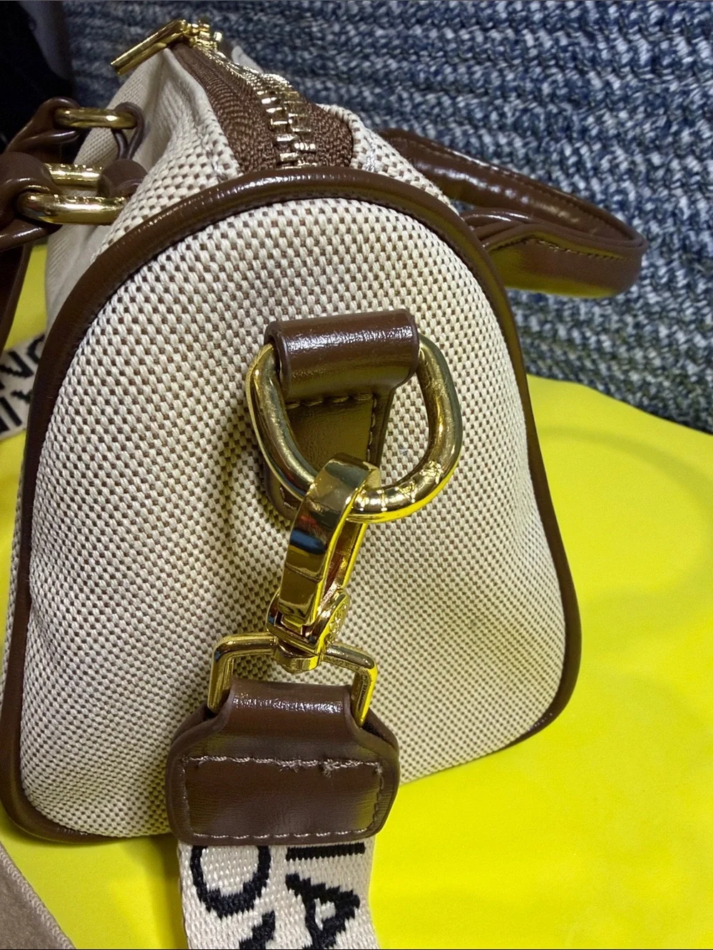 KAIDI Beige Canvas Mini Messenger Bag with Brown Trim and Bear Detail